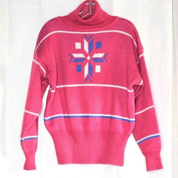 Slalom Vintage 80's Hot Pink Nordic Snowflake Design Turtleneck Knit Ski Sweater - Picture 1 of 10